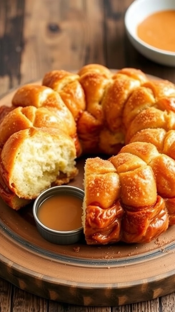 A golden-brown keto monkey bread with a side of sugar-free dipping sauce on a wooden table.